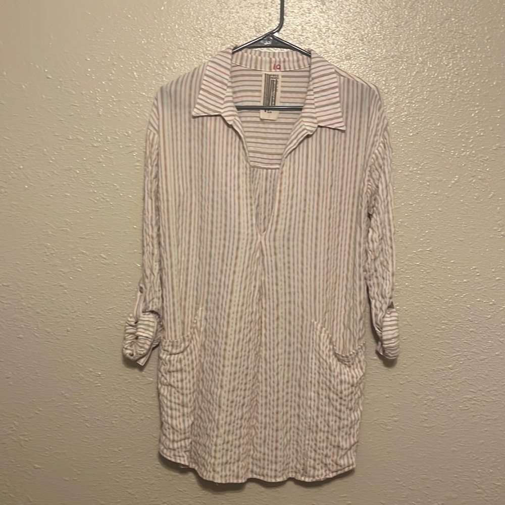 FREE People Colorful Pinstripe Deep V Crinkle Tunic Size S